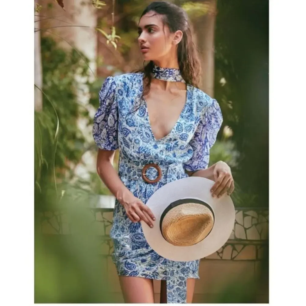 Hemant and Nandita Suho V-Neck Mini Dress Size Small Blue Paisley Preowned - Picture 3 of 12